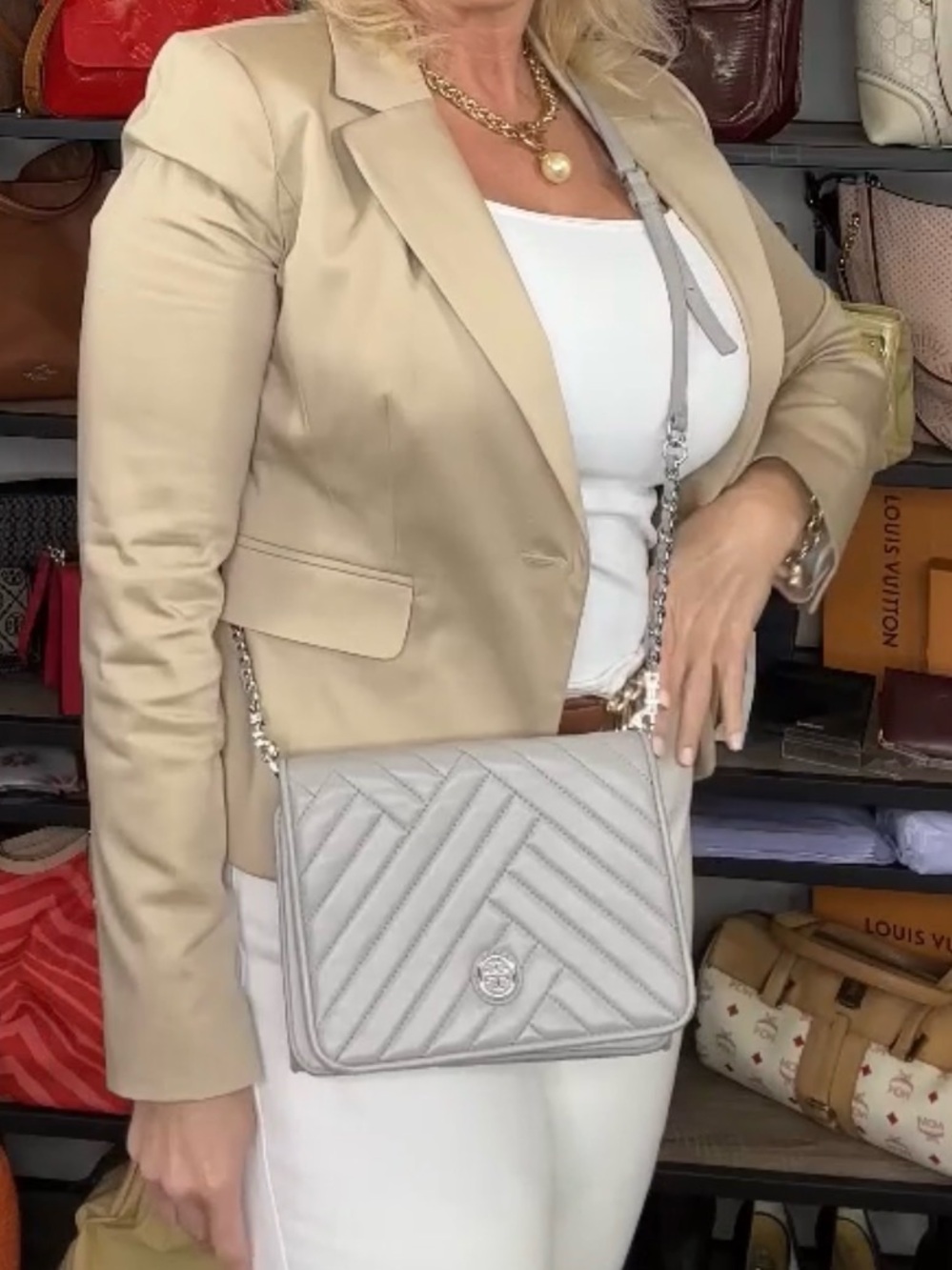 Tory Burch Gray Quilted Leather Flap Crossbody Shoulder Bag Silver Logo